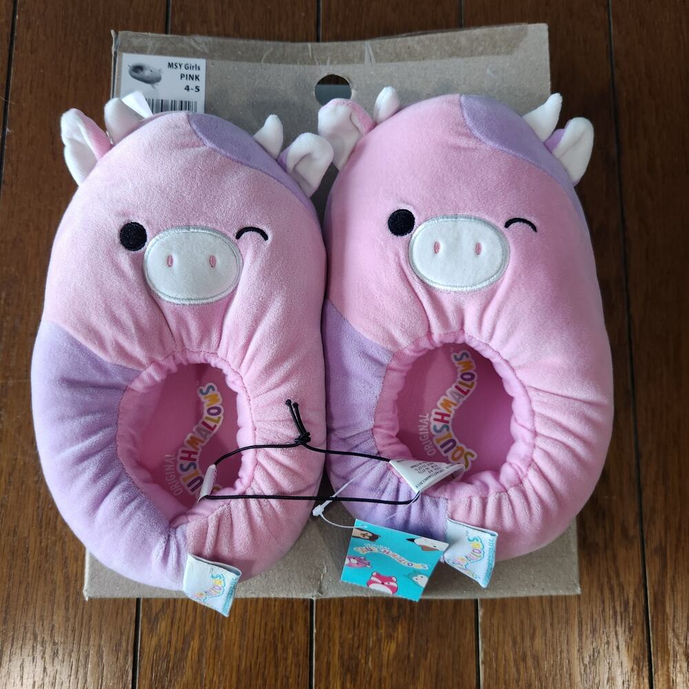 Squishmallows Slippers Girls 4-5 Pink Patty Cow Plush Slip on Slippers NWT